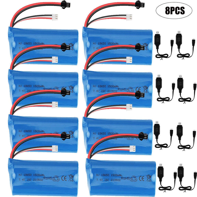 8Pcs 7.4V 1500mAh 15C Li-Ion Battery SM Plug with USB Charger for RC Car Boat