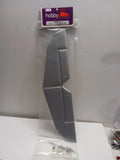 RC plane tail fin set with accessories, dark gray plastic with small hardware bag