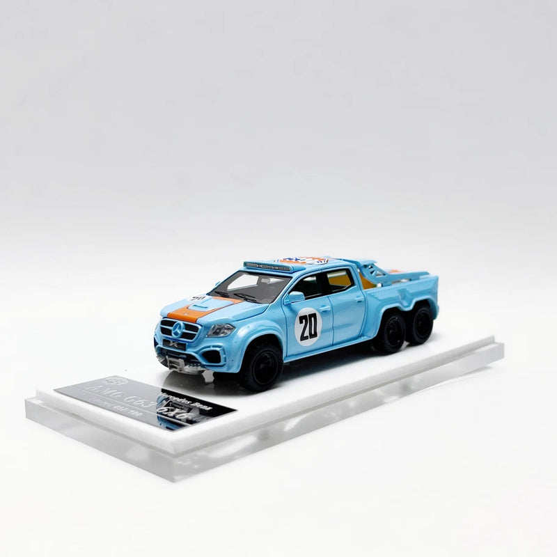 1:64 light blue Mercedes AMG G63 pickup model with number 20 decal and black wheels