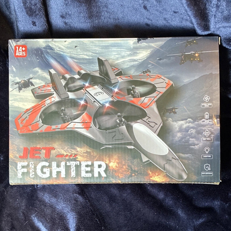 Jet fighter RC quadcopter drone box, gray and red with jet design