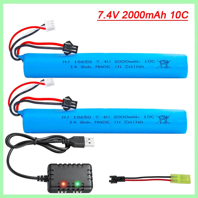 7.4V 2000mAh SM Plug+charger Battery for SRB1200 MP5K M4 M110 Water Bead Blaster
