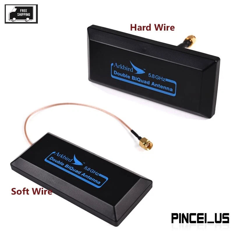 5.8GHz double biquad FPV antenna with black case and SMA gold connector, red wire