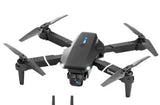 Quadcopter drone with four propellers and dual camera on dark gray body