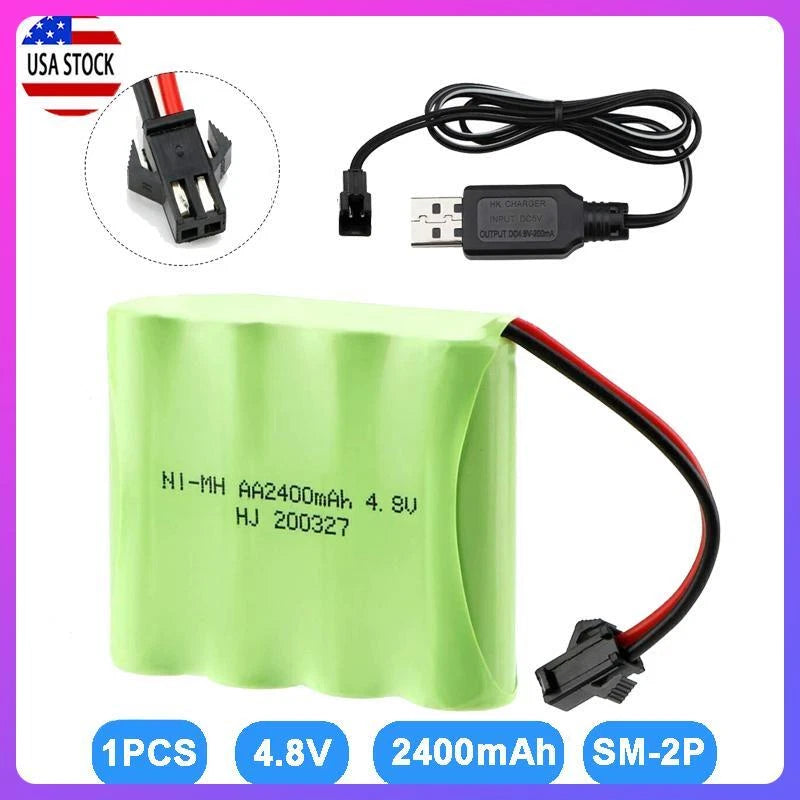 1 Pack 4.8V 2400mAh Ni-MH AA Battery w/ USB Cable SM-2P Plug for RC Car Truck