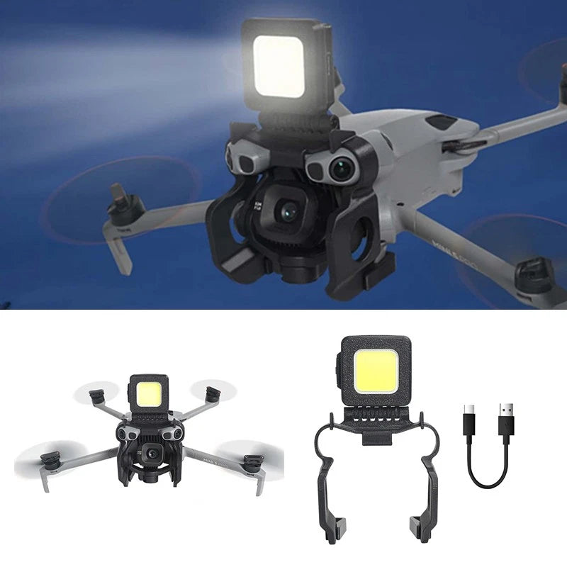 Drone gimbal guard with LED light, mounted on a small gray quadcopter