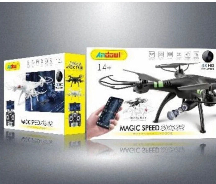 4K HD quadcopter drone with remote control, shown with product packaging