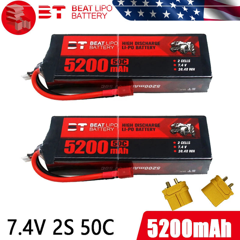 2x 2S Lipo Batteries 7.4V 50C 5200mAh Hard Case T-Deans for RC Car Truck Buggy Battery