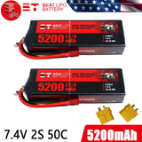 2x 2S Lipo Batteries 7.4V 50C 5200mAh Hard Case T-Deans for RC Car Truck Buggy Battery