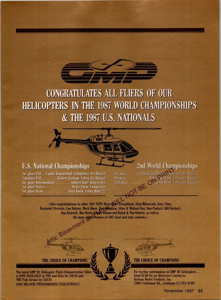 GMP RC Helicopters Championship Print Ad Ephemera Wall Art Decor 1987 NATS