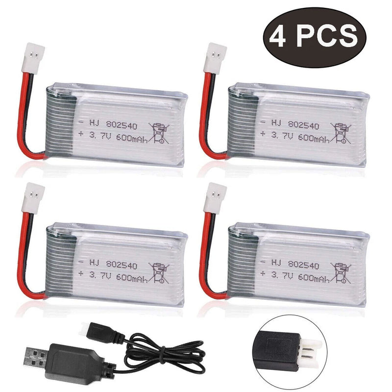 4-pack LiPo RC drone batteries with red leads and USB charger cable, 3.7V 600mAh