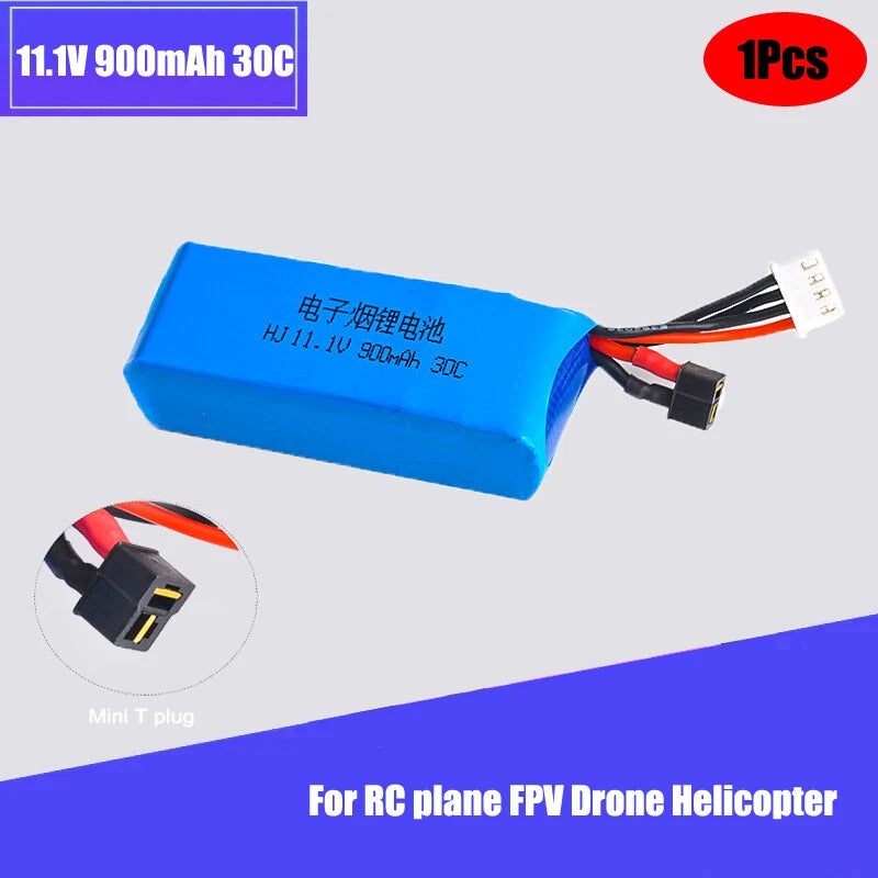 Blue 11.1V Li-Po RC battery pack with mini T-plug and wired connectors