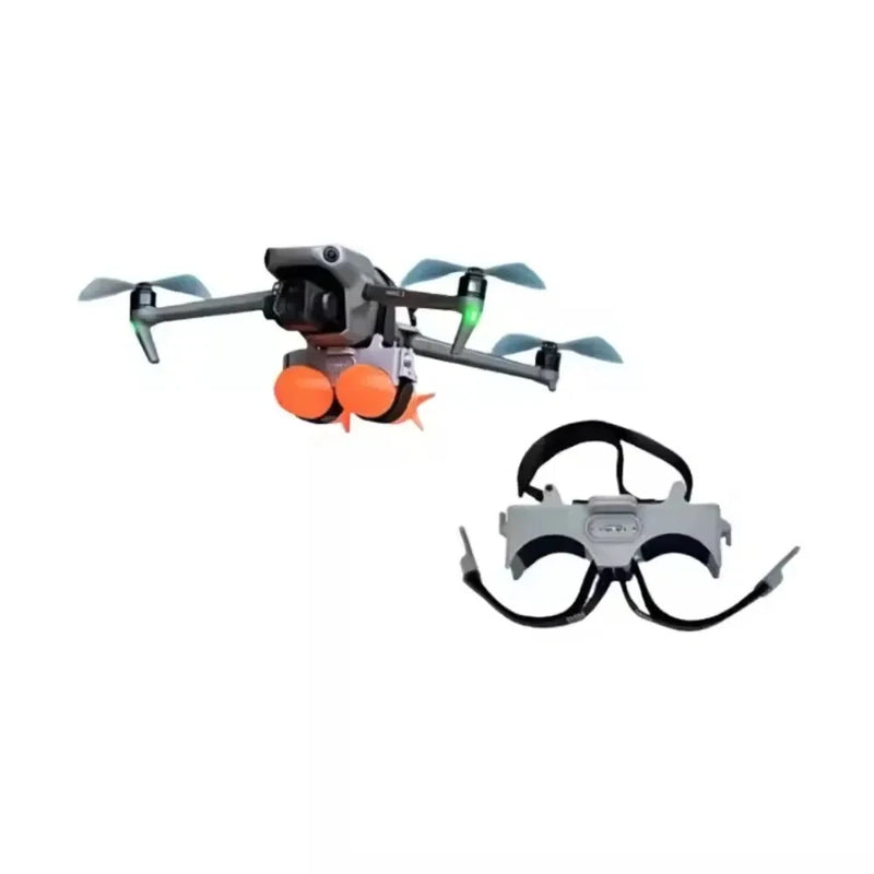 Quadcopter drone with front camera and blue prop guards; includes head-mounted controller
