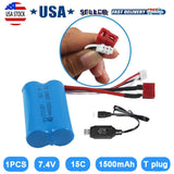 7.4V 1500mAh Rechargeable Lipo Battery + USB Charger for WLtoys 4WD Rc Car Spare