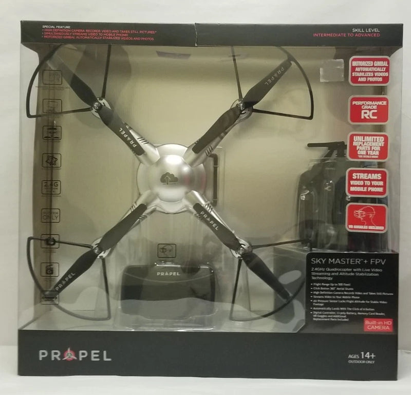 FPV quadcopter drone in retail box, four propellers, Sky Master + FPV