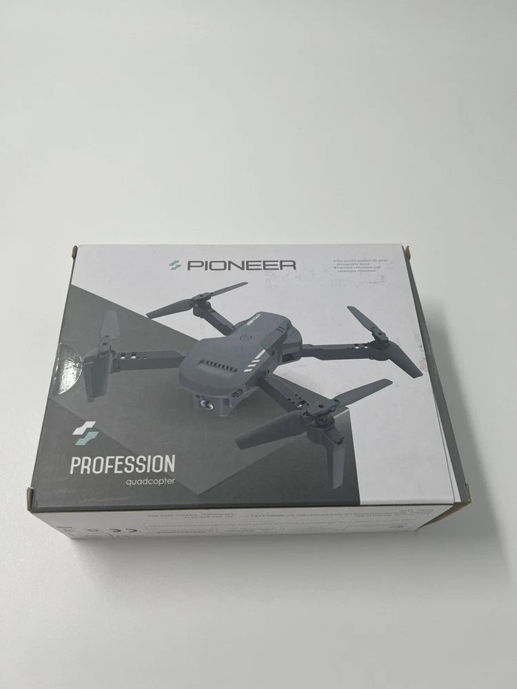 Pioneer quadcopter drone packaging box, gray and black with drone graphic