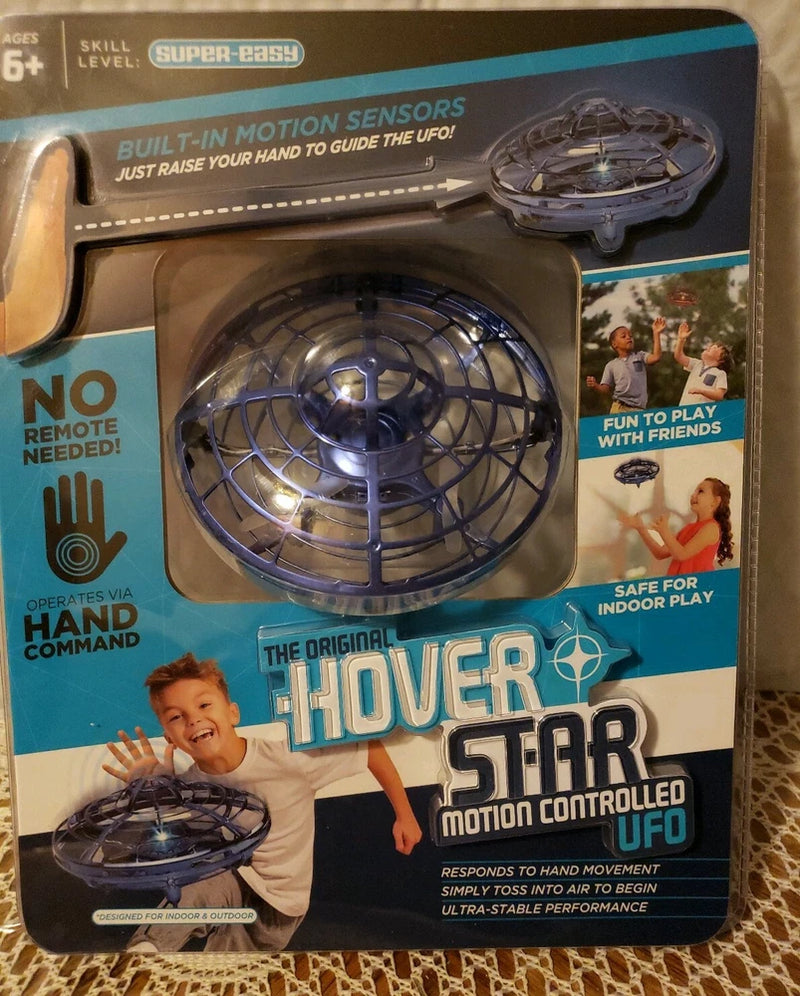 Blue UFO motion-controlled RC drone toy in retail box with transparent window