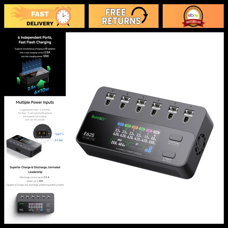 6-Channel Smart Charger for 1S LiHV/LiPo Batteries, Fast 4.35V 2.5A, Type-C/XT60 Battery