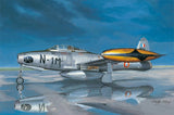 Hobby Boss 1:32 F-84G Thunderjet military jet model kit, grey with orange nose, side view