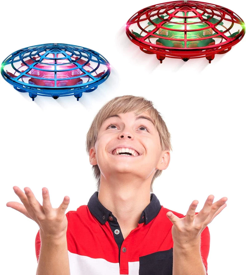 Two hand-operated ring drones with LED lights, red and blue hover designs