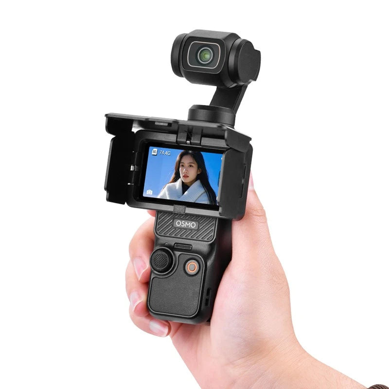 Action camera with attached sun hood and folding side shields