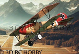 RC balsa wood airplane kit with dark green and red wing markings, triplane-style model