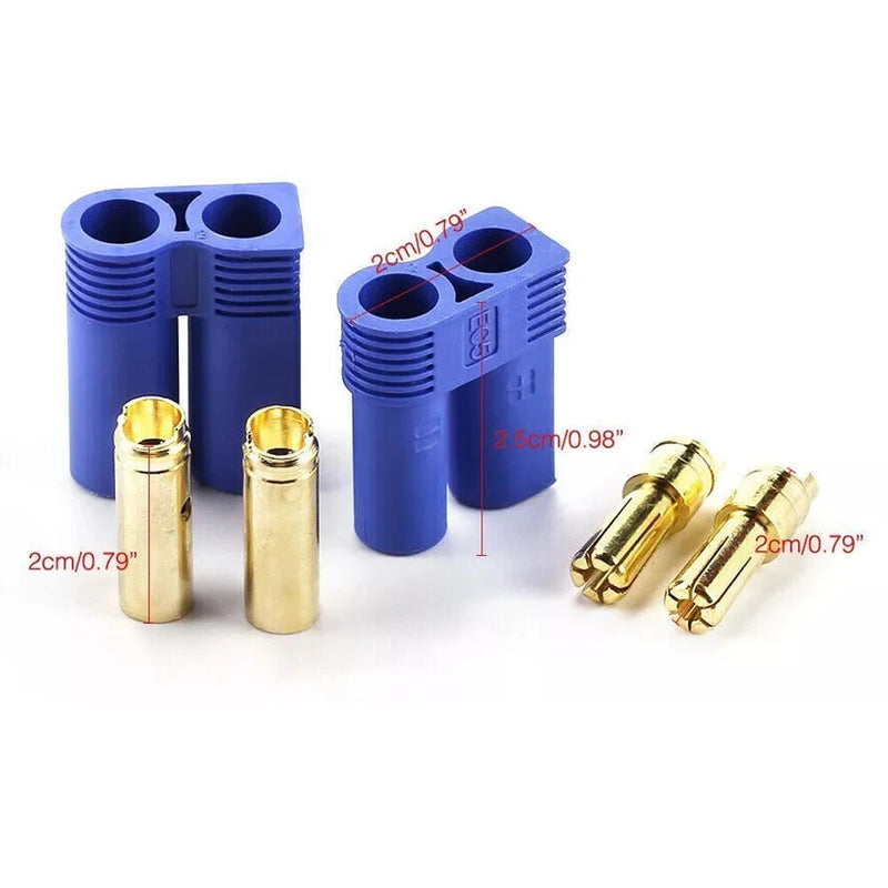 EC5 connector plug pair with blue housings and gold pins, plus two loose pin plugs