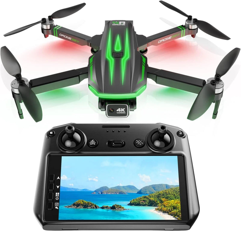 GPS quadcopter drone with 4K camera and controller screen, green LED lights