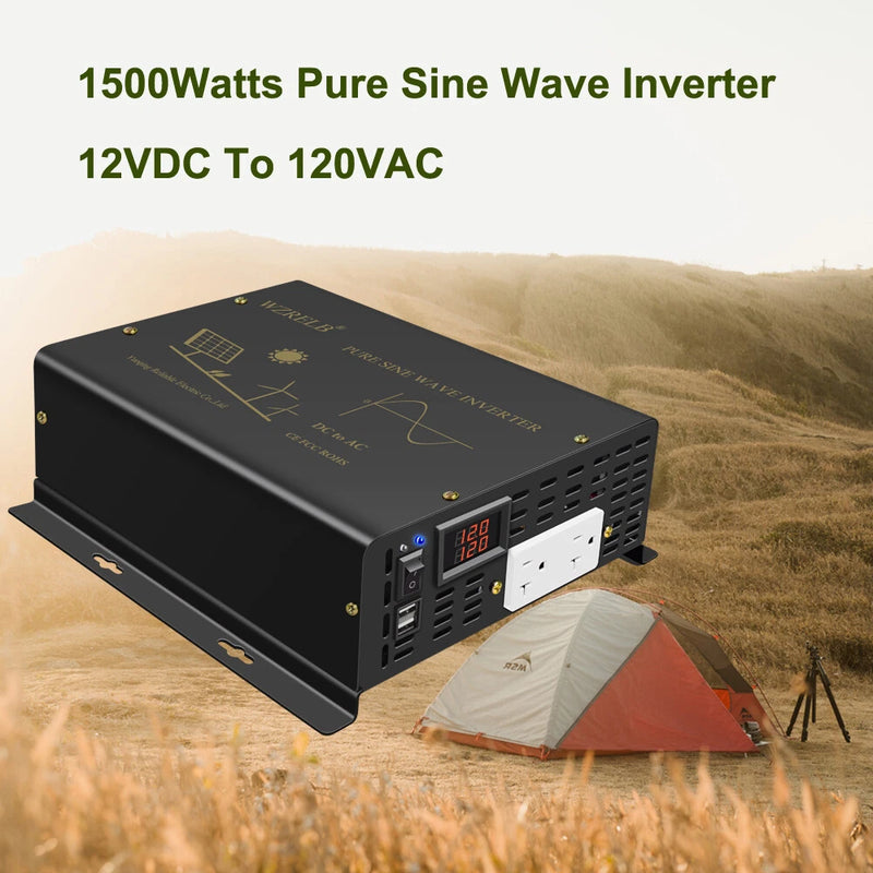 1500W Pure Sine Wave DC 12V Solar Inverter Home Power Battery Converter USB 2.5