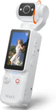 White mini pocket body camera with front lens and flip screen display, handheld POV