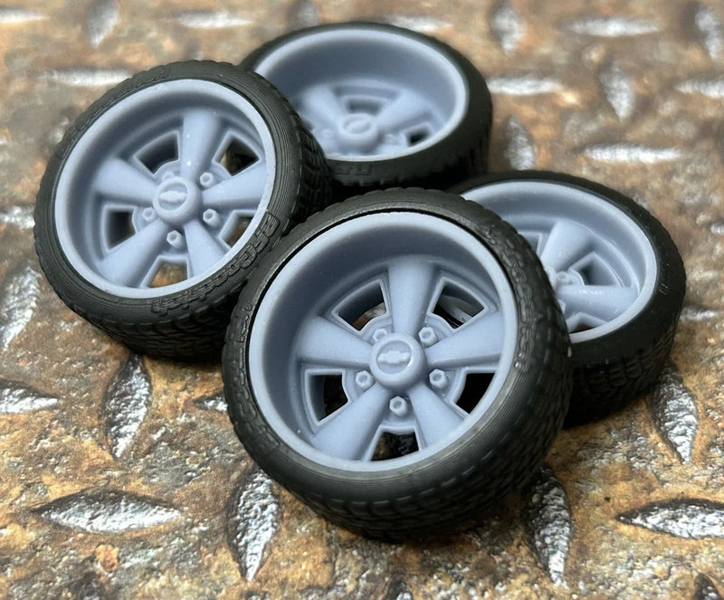 Model car wheels and tires set with dark tires and silver multi-spoke rims