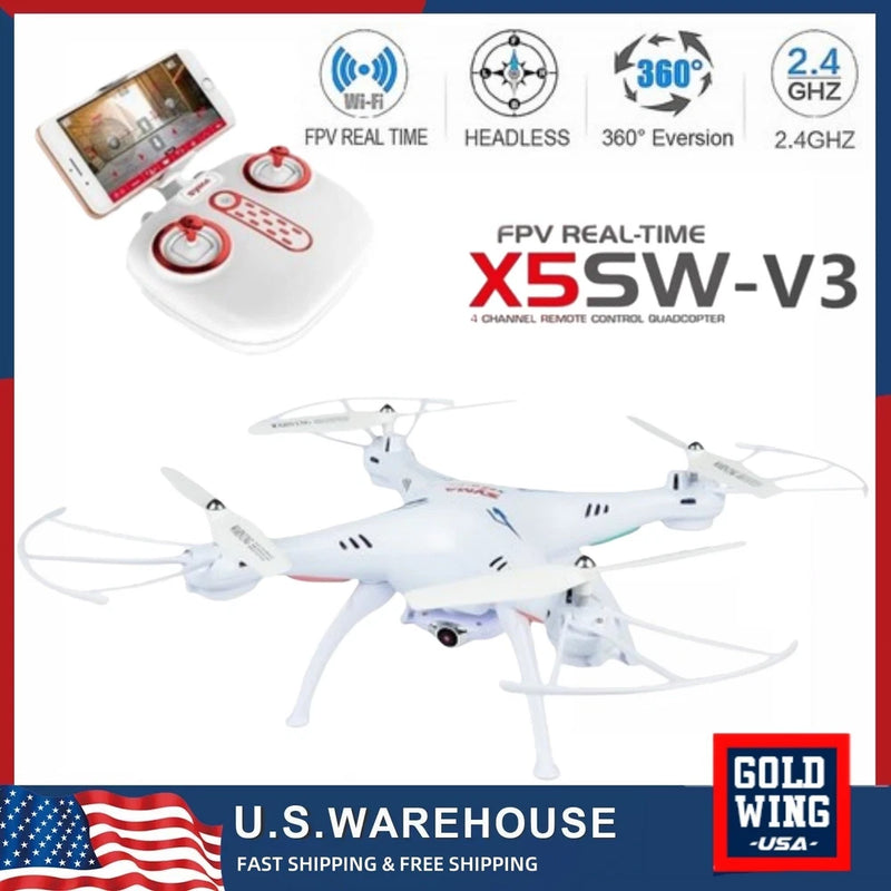 White FPV quadcopter drone with propellers and remote controller, Wi‑Fi 2.4GHz