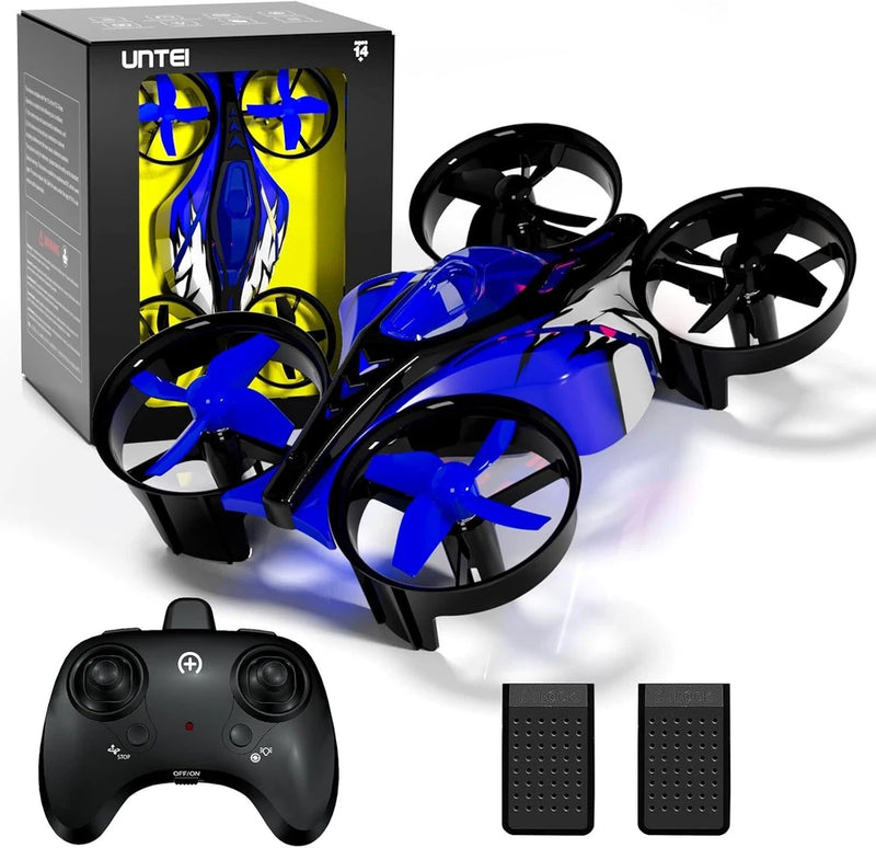 Kids mini remote control drone with blue LED lights, four rotors, and black controller
