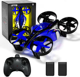 Kids mini remote control drone with blue LED lights, four rotors, and black controller