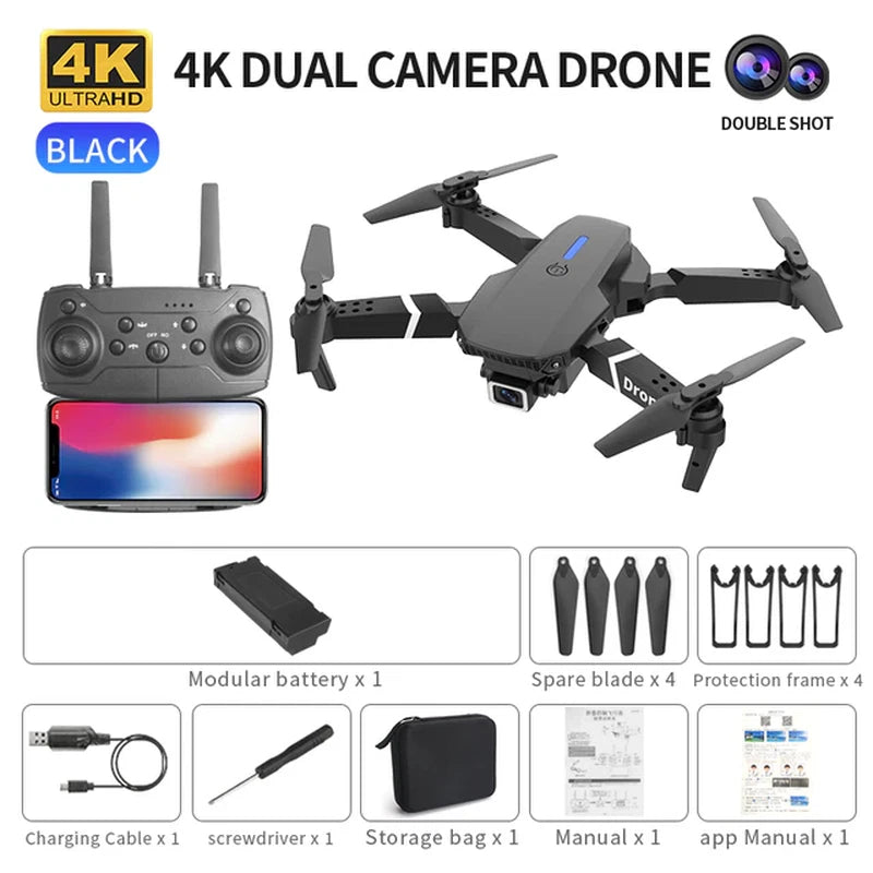 Foldable black quadcopter drone with dual cameras and four propellers, remote controller included
