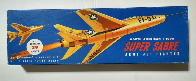 Vintage F-100A Super Sabre jet model kit box, yellow and blue artwork