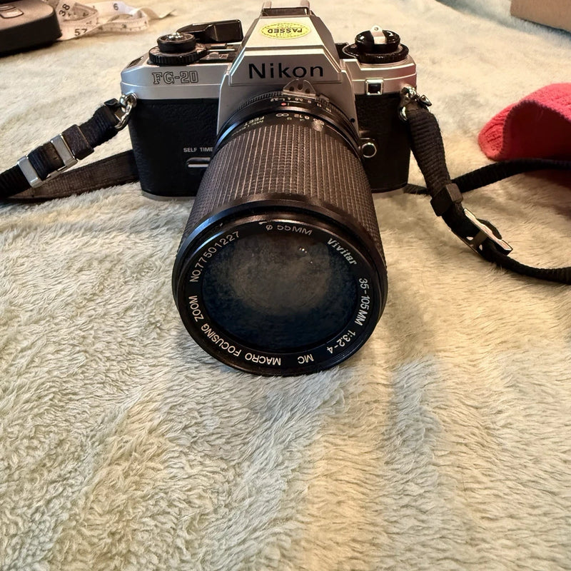 Nikon FG-20 35mm SLR Film Camera w/ Vivitar 35-105mm Macro Zoom Lens - Untested