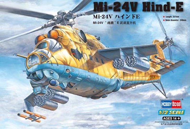 HobbyBoss 1/72 Mi-24V Hind-E plastic model kit, detailed helicopter illustration