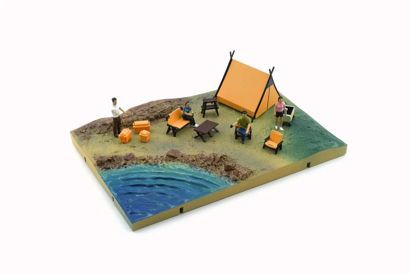 Orange camp tent diorama set with mini picnic table, chairs, and accessories