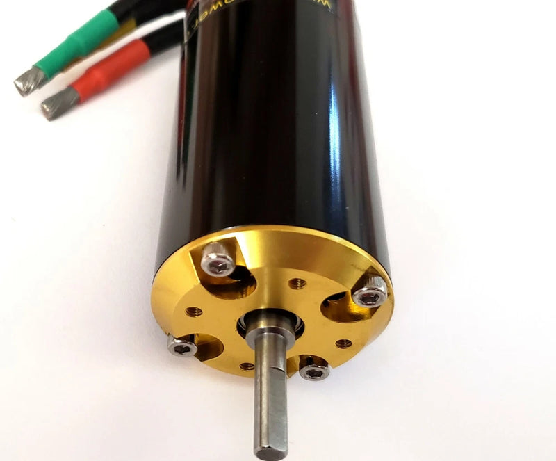 Brushless motor with gold mount plate and central metal shaft, black housing