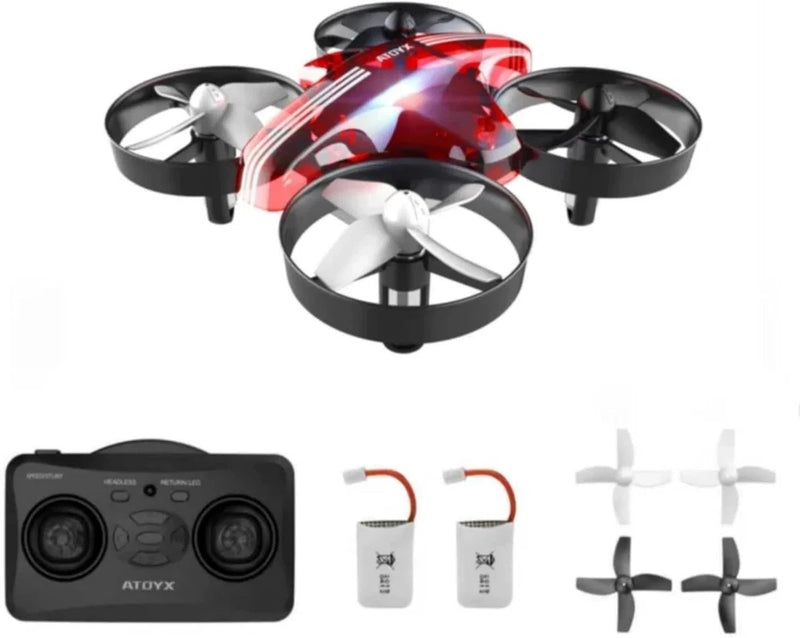 Red mini quadcopter drone with black rotors, remote controller, batteries and spare propellers