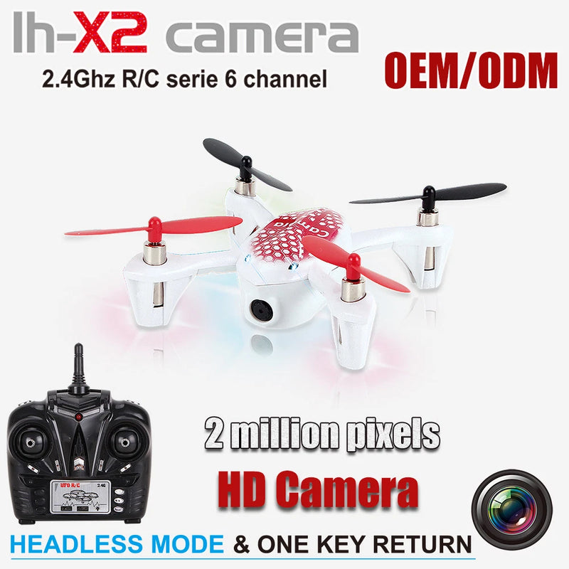 RC quadcopter with HD camera, red and white body, with black remote controller