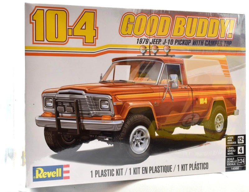 Revell 1:24 plastic model kit box with orange 1979 Jeep J-10 pickup and camper top