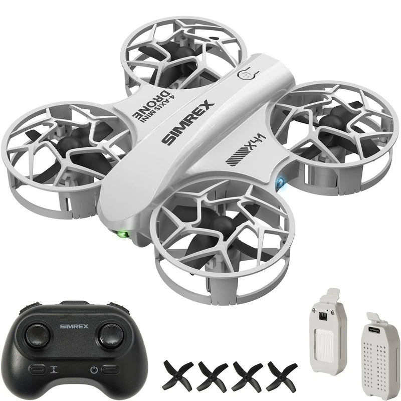 Gray mini RC quadcopter with prop guards, includes controller and spare parts