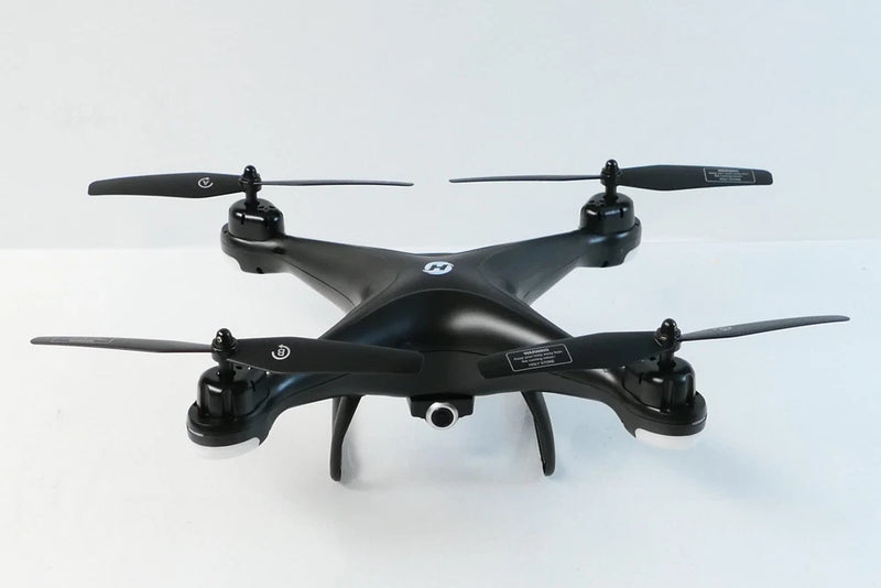 Quadcopter drone with four propellers and compact camera body, black
