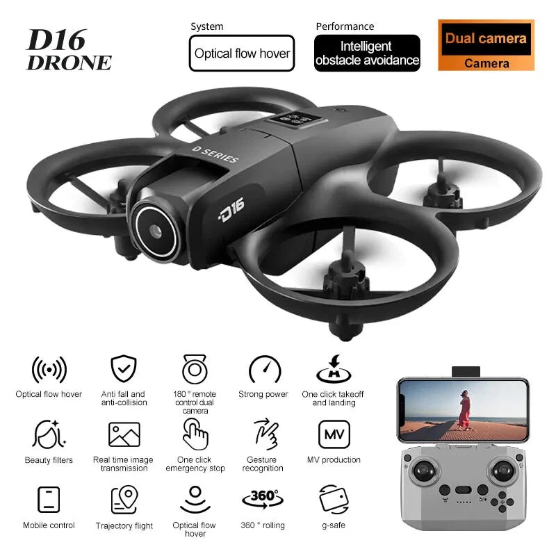 Mini quadcopter drone with front camera, dark gray body and four propellers