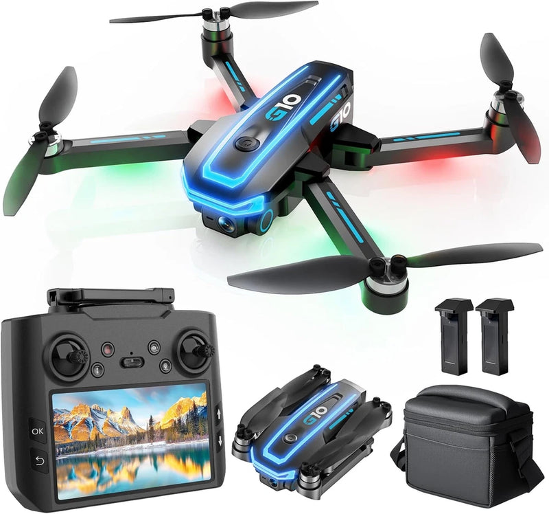 4K GPS drone kit with controller screen, two batteries, and carry case