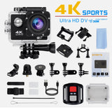 Waterproof action camera with clear housing and multiple mounting accessories set