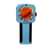 Blue handheld train remote controller with orange dial and directional arrows
