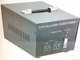 Voltage converter transformer with metal housing, toggle switch and dual outlet ports