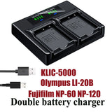 Black double battery charger with USB cable and two charging slots, status indicator.